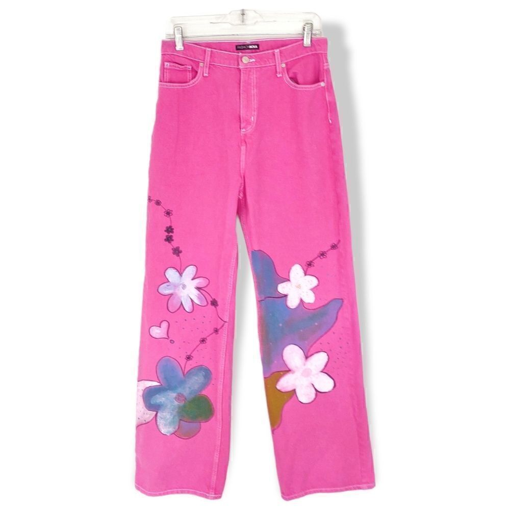 Fashion‎ Nova Pink Fuchsia Jeans Floral Paint High Waist Jr 9 NEW